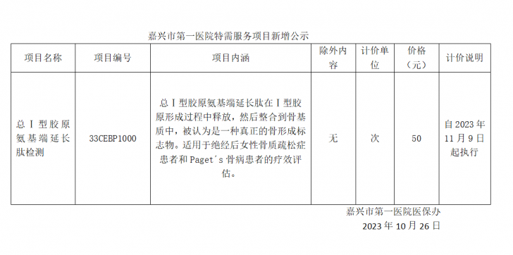 pg电子游戏app特需服务项目新增公示（总Ⅰ型胶原氨基端延长肽检测）.png