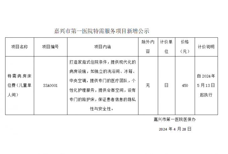 pg电子游戏app特需服务项目新增公示（特需病房床位费(儿童单人间)）.png